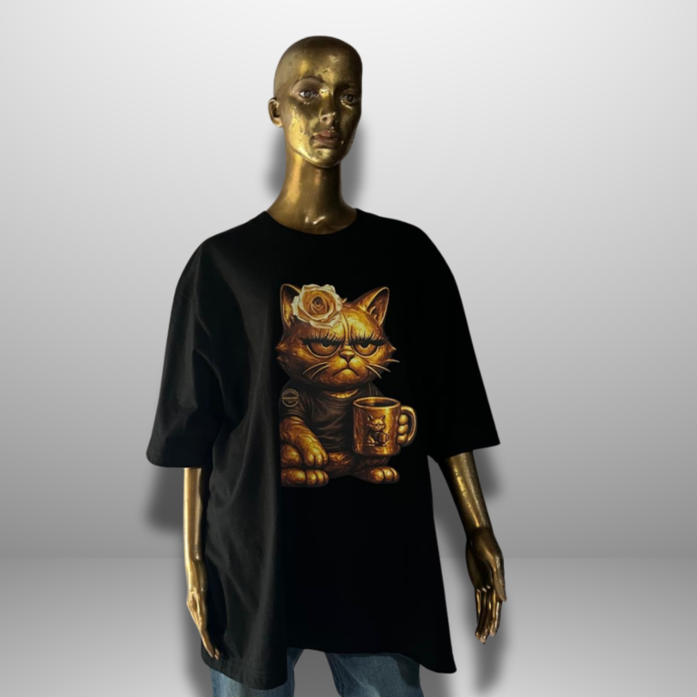 T-Shirt Easy Schick Schwarzes T-Shirt mit goldenem Druck eines katzenartigen Königs und dem Schriftzug „CHAOS DELUXE“.