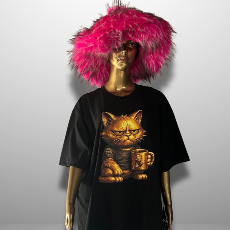 T-Shirt Easy Schick Schaufensterpuppe in schwarzem Shirt mit einer Katze und pinkem, plüschigem Hut.